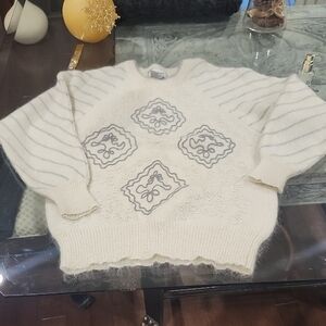 SPANNER Women's Cream Sweater with Gray Accents Medium Mohair And Wool